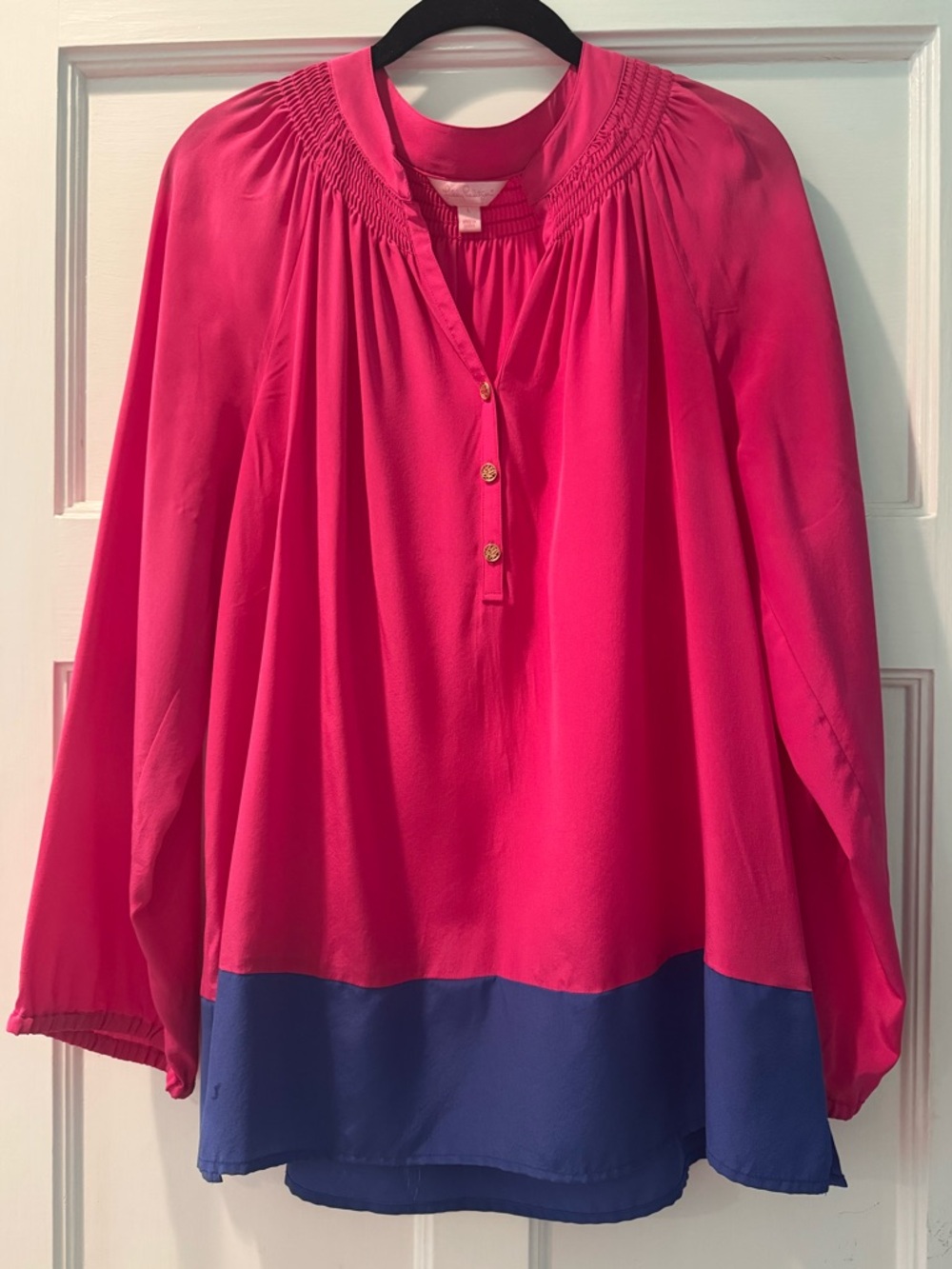 Lilly Pulitzer Silk Long Sleeve Elsa Blouse - Hot Pink and Blue